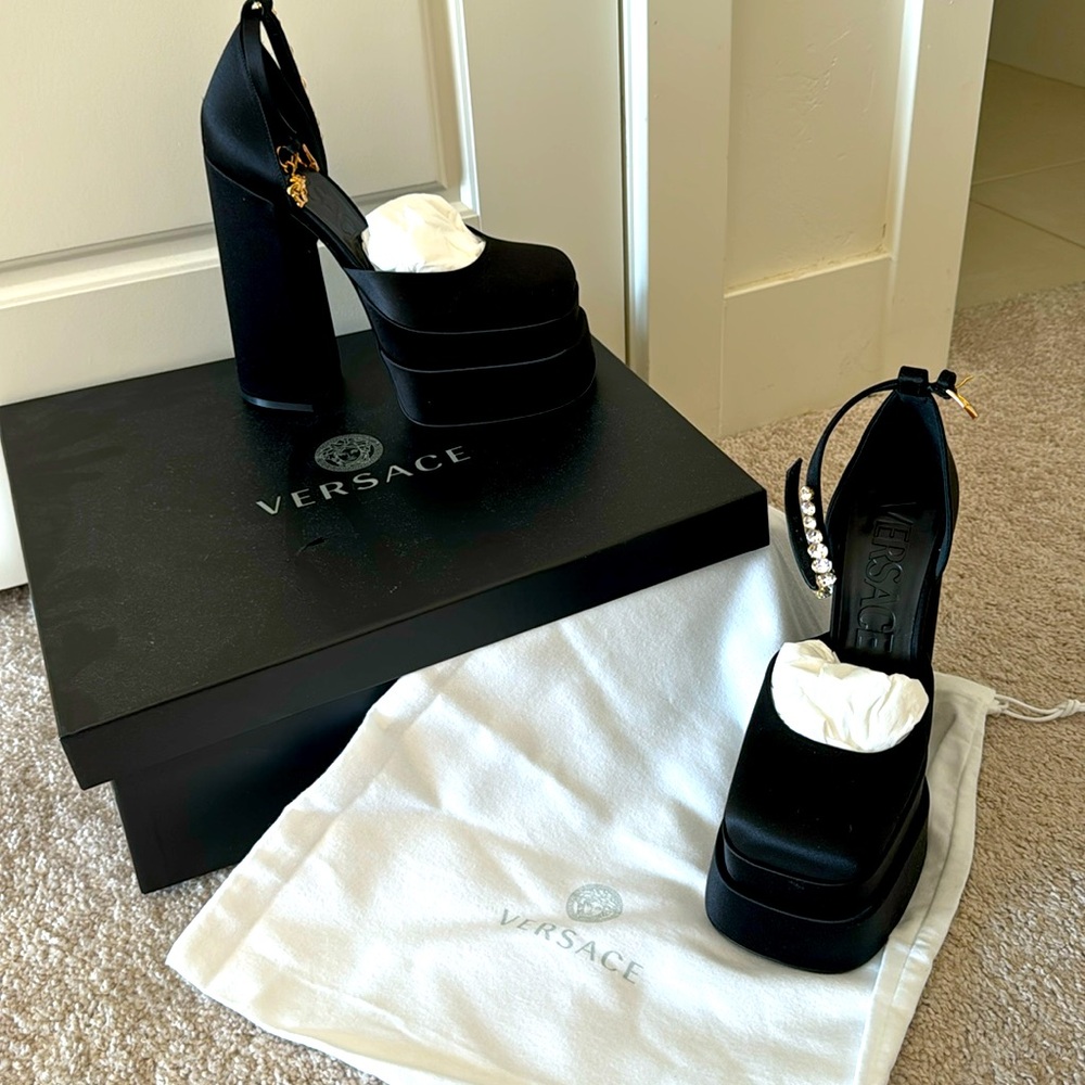 Versace Medusa head charm satin platform heels black